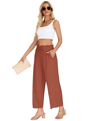 VUTRU Women Pants Wide Leg Casual Summer Slacks Tall Petite Plus Size Flowy Loose Travel Lounge Linen Trousers with Pockets, Rust Red L - Thumbnail 5