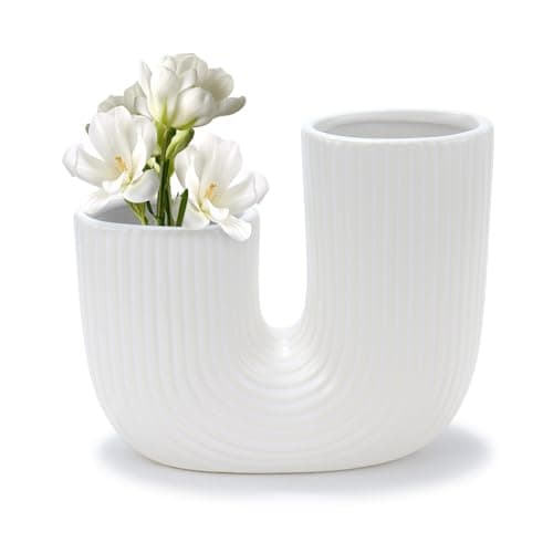 ISTOOLL U-Shaped Ceramic Vase for Table Decor, White Double mouthed Vases for Centerpiece for Living Room, Coffee Table Decor, Kitchen, and Office