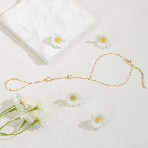 BAYLAY Hand Chain, Ring Bracelet Hand Chain 14K Gold Plated CZ Finger Ring Slave Bracelets Dainty Gold Bracelet for Women Zircon Hands Jewelry for Women Summer Essentials Boho Beach Gifts Trendy Stuff - Thumbnail 5