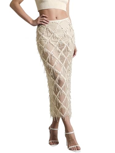 AXX Women's Sequin Fringe Midi Skirt - Sheer Mesh Sparkly Tassel Skirt with Side Slit, Elastic Waist Glitter Party Club (US, Alpha, Medium, Regular, Regular, Apricot) - Image 1