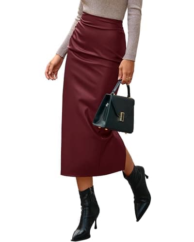 BTFBM Skirts for Women Trendy Spring 2026 Elastic Waist Ruched Bodycon Slit Pencil Midi Leather Skirt Bussiness Casual(Burgundy, X-Small) - Image 1