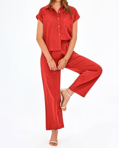 PRETTYGARDEN Womens 2 Piece sets Summer Cap Sleeve Tops Palazzo Pants Dressy Casual Vacation Travel Outfits Tracksuits(Red,Medium) - Thumbnail 6