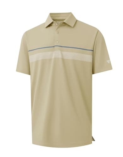 M MAELREG Mens Polo Shirts Short Sleeve Casual Performance Lightweight Striped Print Business Collared Golf Shirts Dark Khaki - Image 1