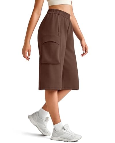 G4Free Yoga Pants for Women Wide Leg Capris with Pockets Stretchy Comfy Hiking Cropped Sweatpants Travel Casual Pants(Coffee Brown,M,13") - Image 1