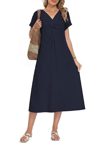 WNEEDU Women Summer Midi Dress Twist Front V Neck Short Sleeve Loose Casual Pockets,Navy Blue,XL - Image 1
