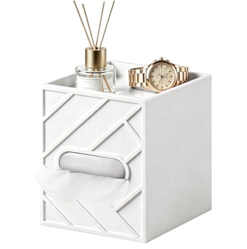 Militwo Aesthetic Tissue Box Cover with Top Tray, Modern Cube Wooden Facial Tissue Holder, Etched Geometric Design Napkin Dispenser for Bathroom, Nightstand, Vanity, Home Theatre - Image 1