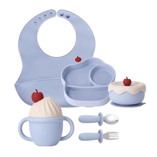 COZY ROCK Silicone Baby Feeding Set, Gelato Collection Baby Led Weaning Supplies, First Self-Feeding Ice Cream Set, Silicone Suction Bowl with Cherry Lid & Plate, Straw Cup & Bib, Fork & Spoon
