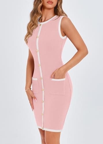 KIRUNDO Women Work Business Casual Dress 2026 Summer Fall Cocktail Semi Formal Office Elegant Classy Knit Color Block Dresses(Pink, X-Large) - Thumbnail 6