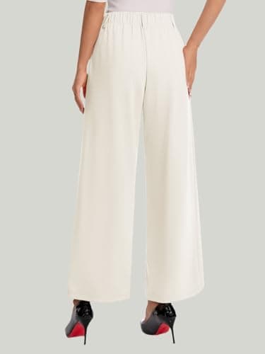Amzdora Womens Dress Wide Leg Pants Pull On Stretchy Work Pants High Waisted Business Causal Palazzos Trousers with Pockets White - Thumbnail 2