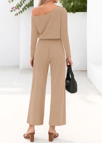 Lazysmile Jumpsuits For Women Dressy Long Sleeve Off Shoulder One Piece Wide Legs Rompers Casual Fall Outfits with Pockets - Thumbnail 2