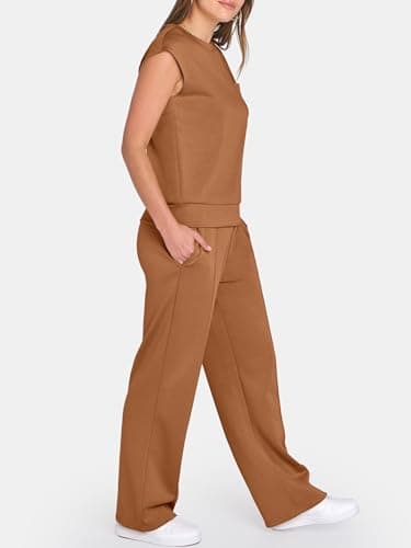 ANRABESS Two Piece Sets for Women Summer Sleeveless Sweatsuits Wide Leg Casual Lounge Set Matching Vacation Travel Outfits Medium - Thumbnail 4