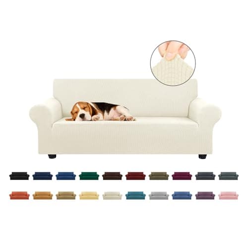 KEKUOU Stretch Loveseat Sofa Cover Slipcover,Couch Covers for 2 Cushion Couch Sofa (55"-78") Furniture Protector Sofa with Elastic Bottom for Kids,Dog. Jacquard Small Checked(Medium,Beige)