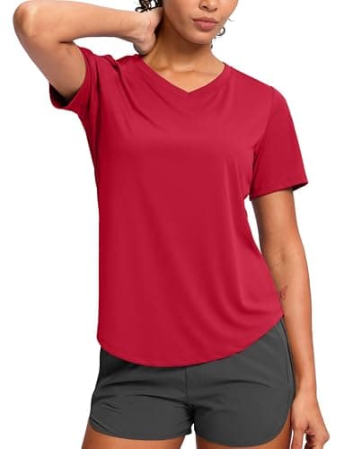 Womens Workout Shirts V-Neck Short Sleeve UPF 50+ Sun Shirt Moisture Wicking Dry Fit Top for Gym, Running, Athletic (Red, L) - Image 1