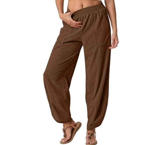 FREEOAK Womens Corduroy High Waist Wide Leg Fall Pants Loose Fit Comfy Travel Outfits Lounge Pant with Pockets 2025 Fall Dark Brown Large - Image 1