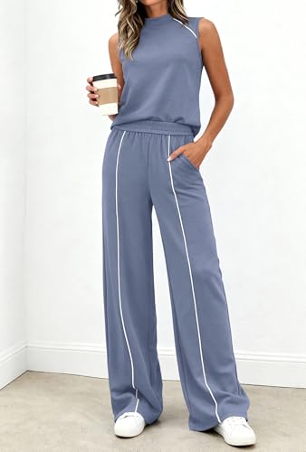 BTFBM Womens 2 Piece Lounge Set 2026 Striped Travel Outfits Sweatsuit Mock Neck Tank Top Wide Leg Pants Casual Activewear(Grey Blue, X-Large) - Thumbnail 2
