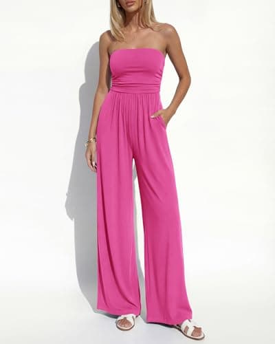 BTFBM Jumpsuits For Women Summer 2026 Beach Vacation Strapless Tube Top Jumpsuit Ruched Casual Wide Leg Pant Rompers(Rose Red, XX-Large) - Thumbnail 2