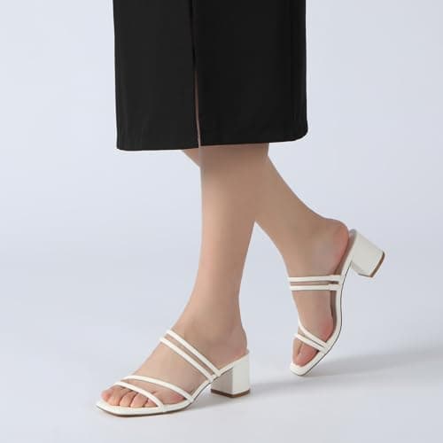 Athlefit Women's Square Open Toe Slip On Heeled Sandals Two Strap Wedding Dressy Block Chunky White Heels Sandals Size 8.5 - Thumbnail 6