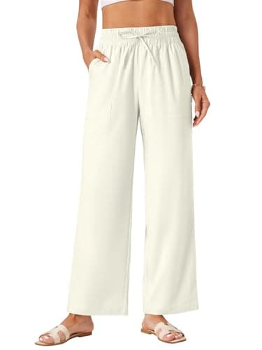 AKEFUN Womens Palazzo Pants Wide Leg High Waist Flowy 2025 Causal Summer Beach Loose Comfy Boho Pants with Pockets, Beige - Image 1