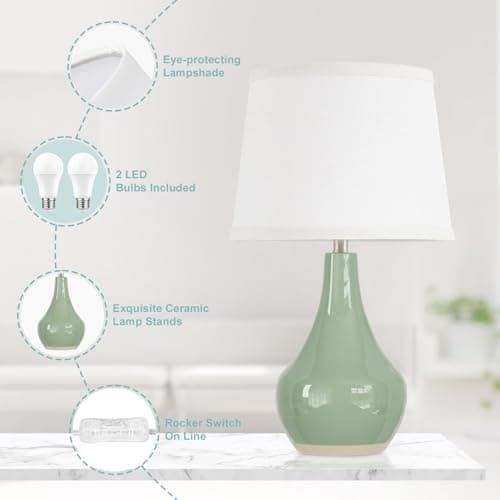 Seealle Modern Green Table Lamps Set of 2 - Bedside Lamps for Night Stands, 19.4" Bedroom Lamps for Living Room Sage Green Lamps with Rocker Switch - Thumbnail 5