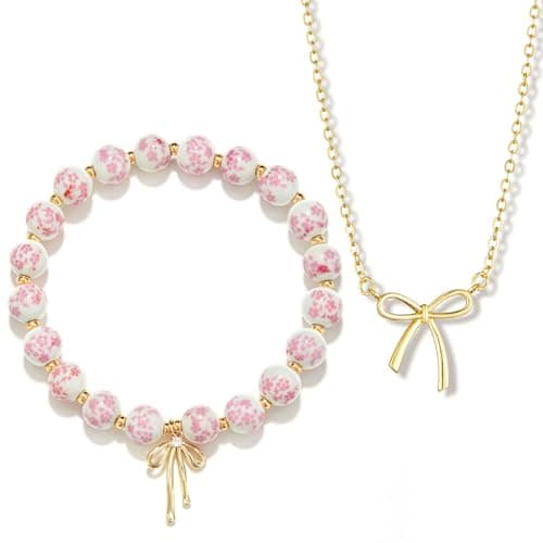 Qiuseadu Bow Coquette Preppy Beaded Bracelet Necklace Set for Women(Pink) - Image 1