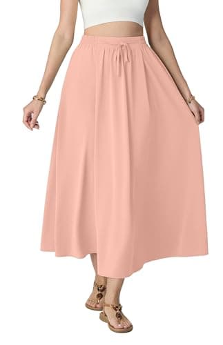 HiMONE Women 2026 Spring Summer High Waist Boho Maxi Skirt Trendy Casual Flowy Pleated A Line Beach Long Skirts Pink 2XL - Image 1