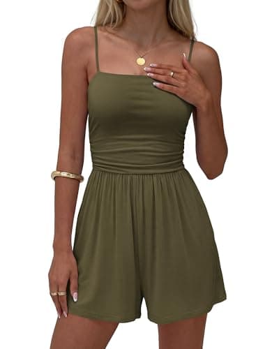 BTFBM Summer Rompers For Women 2026 Casual One Piece Spaghetti Strap Sleeveless Shorts Jumpsuit Beach Vacation Outfits(Army Green, Small) - Image 1