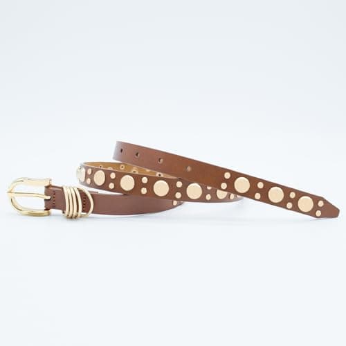 EONTISO Women Studded Leather Belt for Jeans, Punk Fashion Gold Rivets, Skinny Gold Brown L - Thumbnail 4