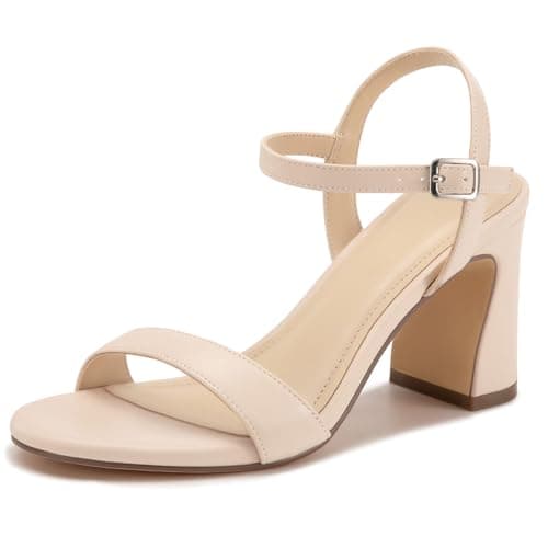 XMWEALTHY Women's Nude High Heels Chunky Block Heeled Sandals Open Toe Ankle Strap Summer Dress 3-Inch Dance Heels for Wedding Prom Size 11 - Image 1