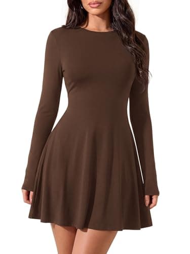 PRETTYGARDEN Womens Fall Mini Dress 2026 Crewneck Long Sleeve Tie Back Waist A Line Flowy Casual Dresses Fashion Outfits (Brown, Large) - Image 1