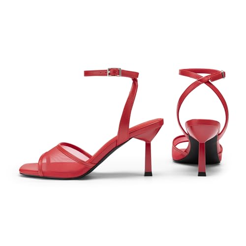 Athlefit Red High Heels for Women Mesh Square Open Toe 3-Inch Stiletto Heels Ankle Strap Buckle Dress Wedding Heeled Sandals Size 7 - Thumbnail 5
