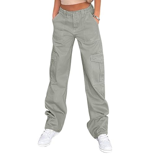 Women High Waisted Cargo Pants Casual Military Cargo Teen Girls Work Pants Silver Gray - Image 1