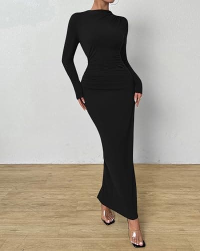 BTFBM Women Bodycon Maxi Dress Long Sleeve Back Slit Ruched Elegant Party Cocktail Formal Fall Wedding Guest Dresses(Black, Small) - Thumbnail 2
