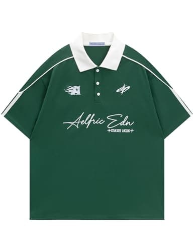 Aelfric Eden Mens Oversized Polo Tee Button Collar Vintage Letter Graphic Patchwork T Shirts Short Sleeve Summer Tops Green