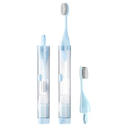LRTOEH Folding Travel Toothbrush Set, Foldable Travel Toothbrush Kit with 2 Soft Brush Heads, Traveling Size Tooth Brush with Built-in Toothpaste Container for Hiking, Camping, On The Go (Blue) - Image 1