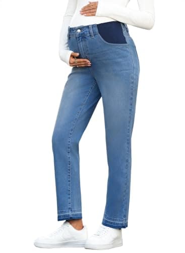 BLENCOT Women Maternity Pants Denim High Waisted Trendy Straight Leg Comfy Work Waistband Skinny Elastic Stretch Plus Size Jeans Outfits Pregnant Clothes X-Large Dark Blue - Image 1
