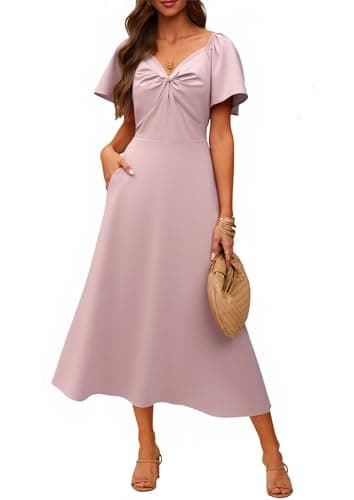 ECOWISH Womens Summer Maxi Dresses: 2026 Casual Flutter Short Sleeve Twist Front Long Flowy Wedding Guest Dress with Pockets 482Pink S - Image 1