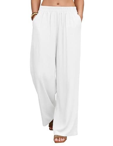 HEEKPEK White Linen Pants Women Wide Leg Summer Flowy Elastic Waist Palazzo Beach Vacation Clothes Travel Trousers with Pockets (White,Medium) - Image 1