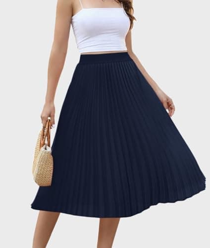 Women's Midi Skirt Elastic High Waist Pleated Skirt Knee Length Swing A-Line Casual Flowy Skirts 2025 Dark Navy,M - Thumbnail 2