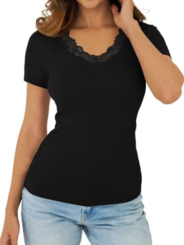 GKBK Short Sleeve Black Tops for Women Lace V Neck Cute Sexy Y2k Top Basic Tees Ribbed Fitted Shirts Going Out Summer Trending Fashion Clothes XL - Thumbnail 2
