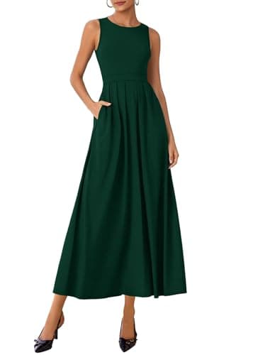 Lazysmile Summer Sleeveless Maxi Dresses for Women Mock Neck Pleated A Line Formal Cocktail Wedding Guest Dress DarkGreen - Image 1