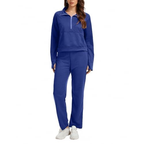 Anyshe Women's 2 Piece Sweatsuit Set Lounge Set Half Zip Sweatshirt with Kangaroo Pocket Thumb Holes Wide Leg Drawstring Pants Casual Tracksuit for Travel Daily Wear, Navy, Medium - Image 1