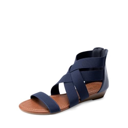 DREAM PAIRS Women's Elastic Ankle Strap Sandals Gladiator Strappy Low Wedges Sandals,Size 7.5,Navy,ELASTICA8 - Image 1