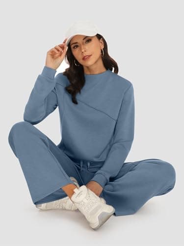 Casly Lamiit Womens Loungewear Set Two Piece Casual Outfits Mock Neck Pullover Tops Wide Leg Sweatpants Sets 2026 Fall Winter Chothes Blue Grey M - Thumbnail 5