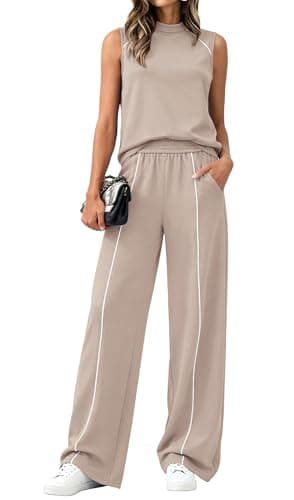 BTFBM Womens 2 Piece Lounge Set 2026 Striped Travel Outfits Sweatsuit Mock Neck Tank Top Wide Leg Pants Casual Activewear(Khaki, X-Large) - Image 1