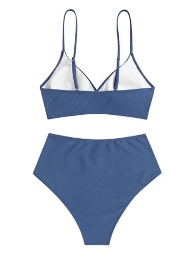 ZAFUL Women Swim Suit for Women 2023 High Waisted Bikini Sets Blue Two Piece Swimsuit Push Up Twist Front Ruched Bathing Suit Blue L - Thumbnail 5