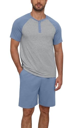 NITAGUT Mens Pajama Set 2 Piece Henley Sleepwear Lightweight Short Sleeve Loungewear Soft Comfy Sleep Set with Button,Blue 2XL - Image 1