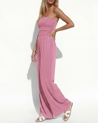 BTFBM Jumpsuits For Women Summer 2026 Beach Vacation Strapless Tube Top Jumpsuit Ruched Casual Wide Leg Pant Rompers(Pink, Large) - Thumbnail 4