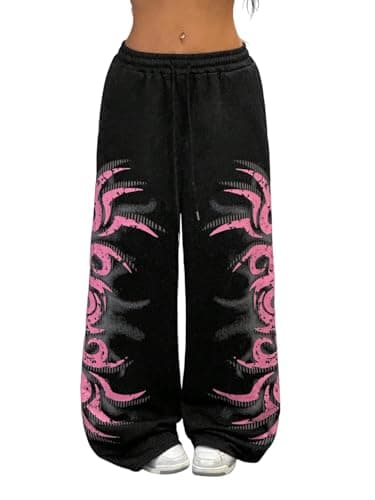 ZAFUL Womens Wide Leg Sweatpants Y2K Gothic Graffiti High Waisted Drawstring Lounge Pants Athletic Joggers Pants with Pockets 4-Black XL - Image 1