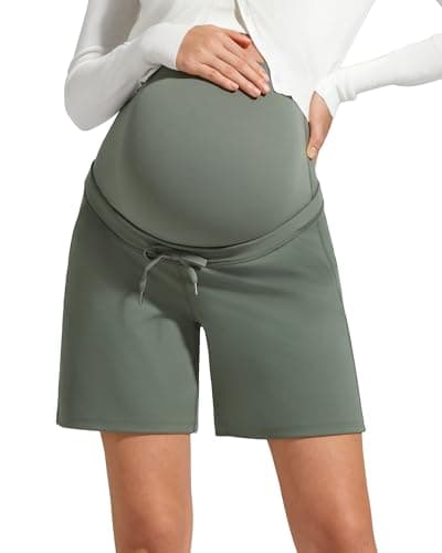 G4Free Pregnancy Shorts Over Bump Drawstring Postpartum Shorts with Pockets Summer Maternity Workout Yoga Casual(Gray Sage,XL) - Image 1