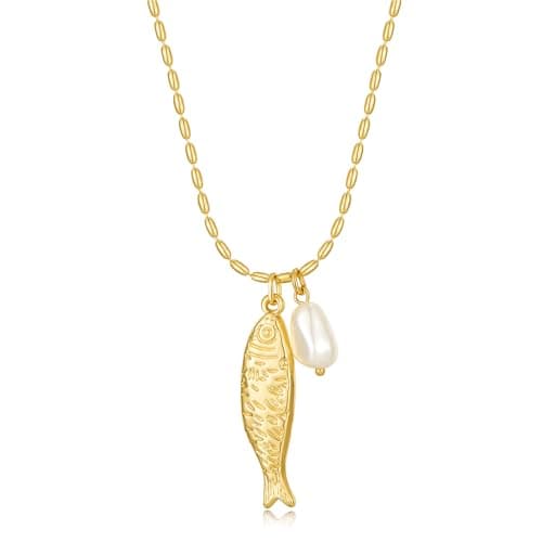 SHANTYSON Fish Pendant Necklace for Women 14k Gold Plated Ball Chain Bohemian Pearl Fish Charm Pendant Necklace for Beach Summer (pearl fish) - Image 1